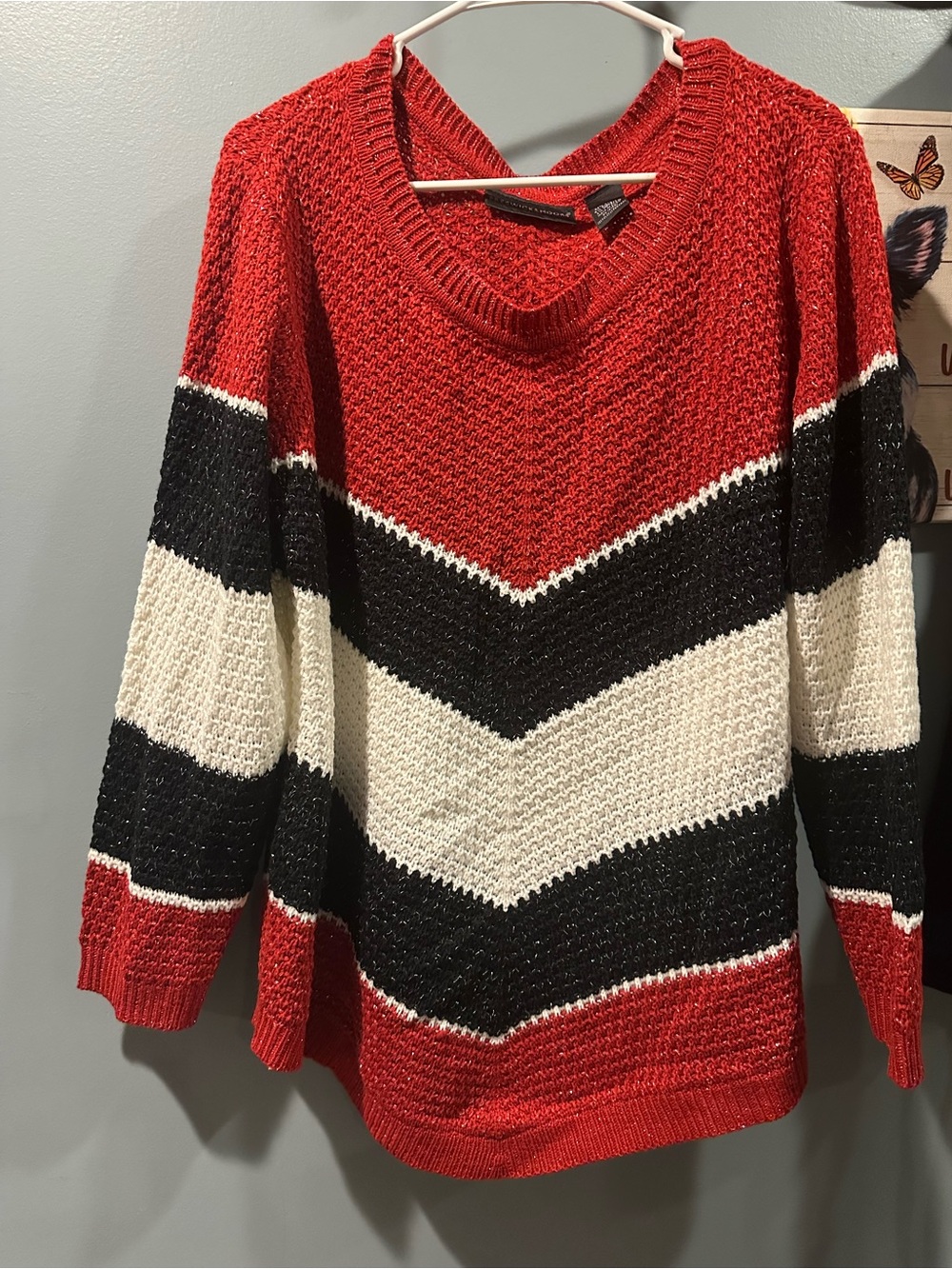 Preswick & Moore Red Chevron Sweater with Black & Cream Stripes